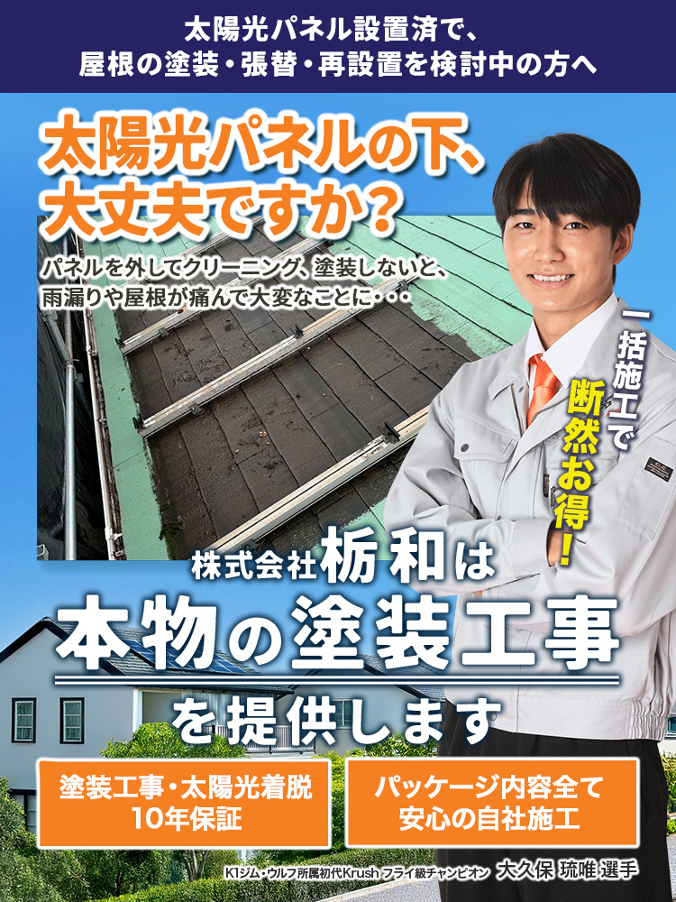 太陽光パネル設置済みの屋根の塗装・張替・再設置を検討中の方へ。パネルを外してクリーニング・塗装をしないと、雨漏りや屋根の傷みにつながります。株式会社栃和は太陽光パネルの脱着から塗装まで自社施工で一括対応します